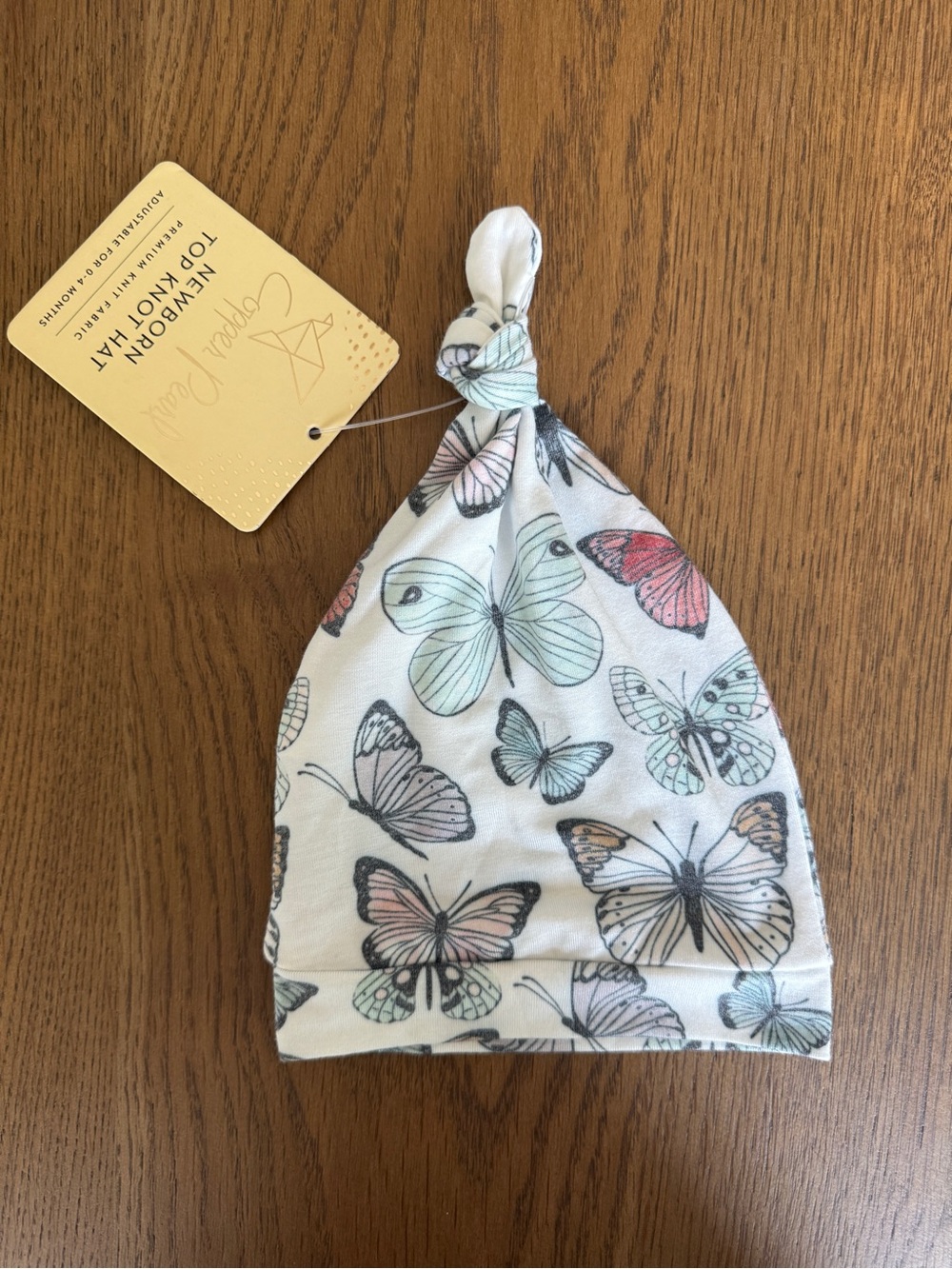 Copper Pearl Butterfly Baby Knot Hat with Pastel Butterflies